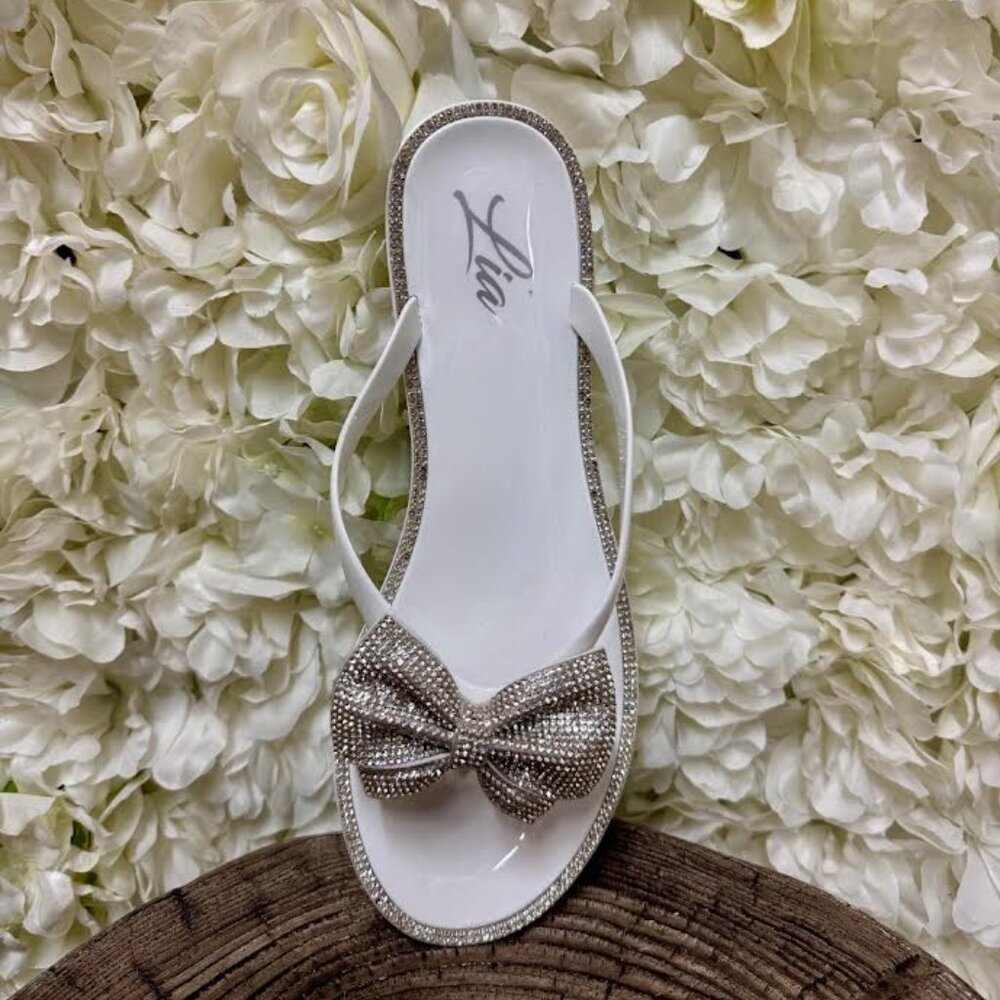 White Sandal with Bow and Silver Gem Detailing